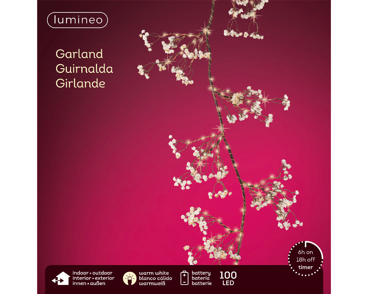 100 Warm White Micro LED Garland with White Flowers, Battery Operated, Timer, Indoor/Outdoor – Keans Claremorris