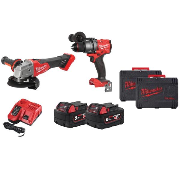 Milwaukee M18 Fuel Twin Pack 18V Combi Drill & Grinder + 2X 5.0ah Batteries