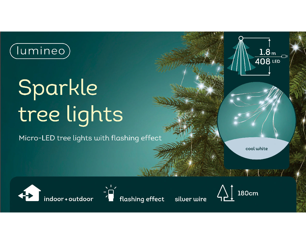 408L Cool White Micro LED Tree Lights with Flashing Effect, Silver Cable, Indoor/Outdoor, 6ft Tree - Keans Claremorris