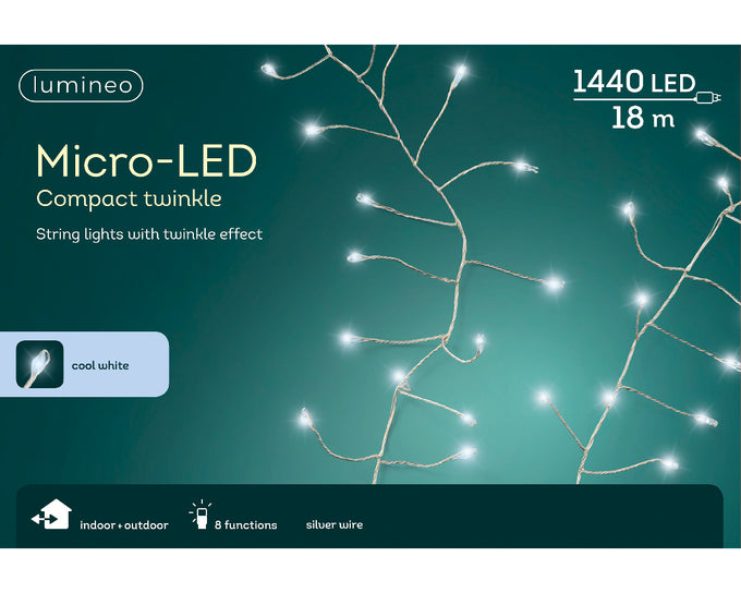 1440 Cool White Micro LED Compact Lights with Twinkle Effect, Silver Cable, Timer - Indoor/Outdoor by Keans Claremorris