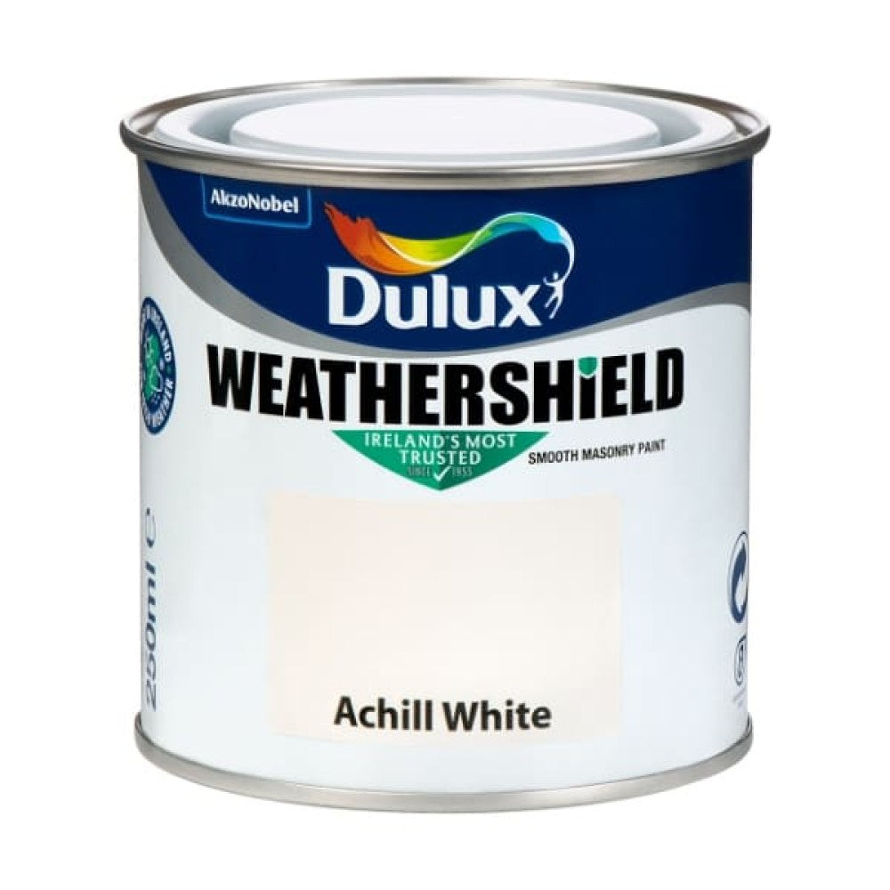 Dulux Weathershield Achill White 250ml tester, durable exterior masonry paint with crack resistance and superior colour