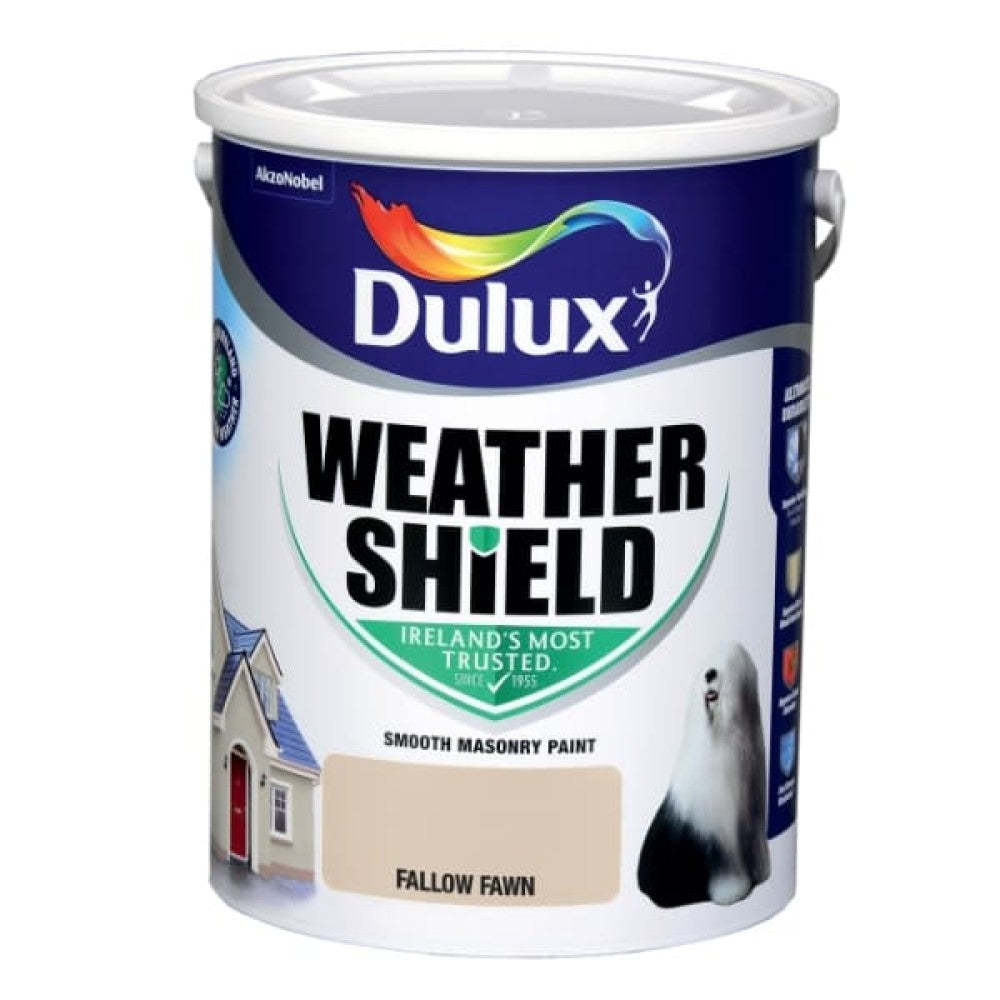 Dulux Weathershield Fallow Fawn 5L exterior masonry paint, durable, waterproof, fade-resistant, matt finish – Keans