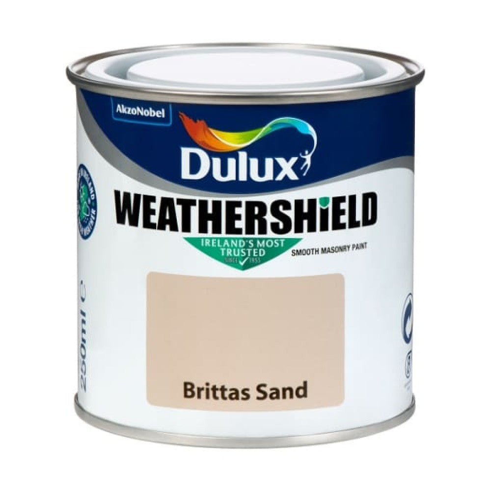 Dulux Weathershield Brittas Sand 250ml tester, durable exterior masonry paint with crack resistance and superior colour