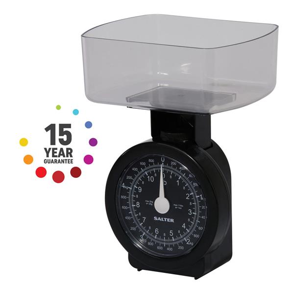 Salter 5Kg Kitchen Scales in black and clear design, precise weighing, available at Keans Claremorris.