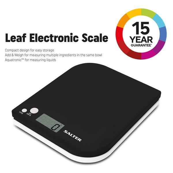 Salter Electronic Kit Scales 'Leaf' Black - compact digital kitchen scale, precise measurements, available at Keans