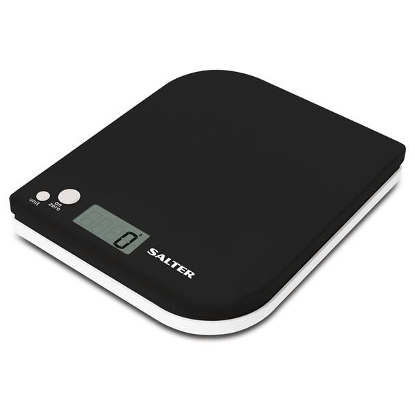 Salter Leaf Black Digital Kitchen Scale, 5kg capacity, Aquatronic™ liquid measure, compact design – available at Kean’s