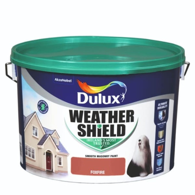 Dulux Weathershield Foxfire 10L exterior masonry paint, durable, fade-resistant, waterproof, matt finish - Keans Claremorris