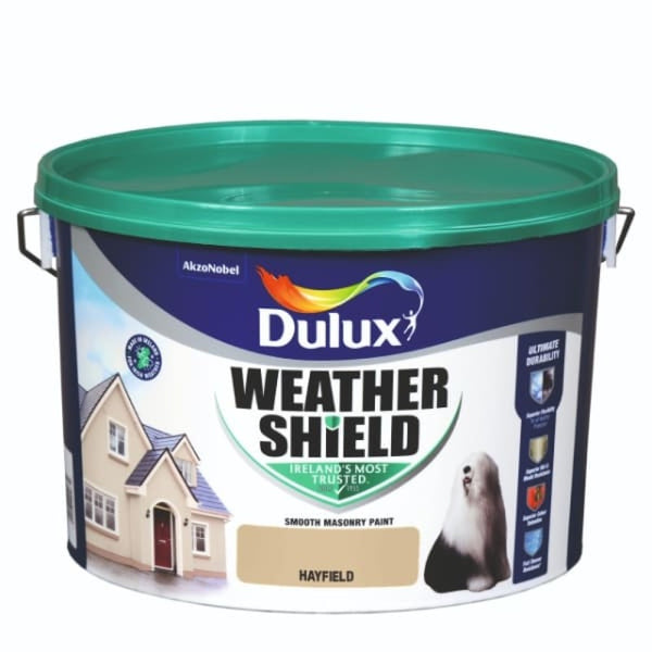 Dulux Weathershield Hayfield 10L exterior masonry paint, durable, waterproof, fade-resistant, matt finish – Keans