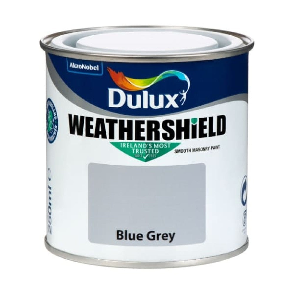 Dulux Weathershield Blue Grey 250ml tester, durable exterior masonry paint with crack resistance and colour retention –