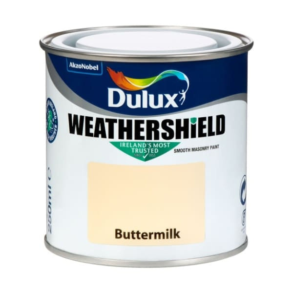 Dulux Weathershield Buttermilk 250ml tester, durable exterior masonry paint, crack-resistant, fade-resistant, Keans