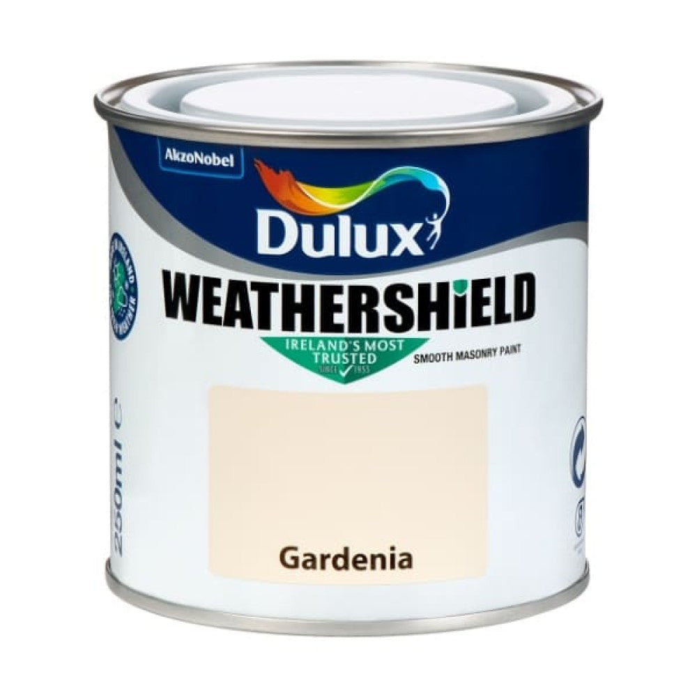 Dulux Weathershield Gardenia 250ml exterior masonry paint, matt finish, durable, fade & stain resistant – Keans Claremorris.