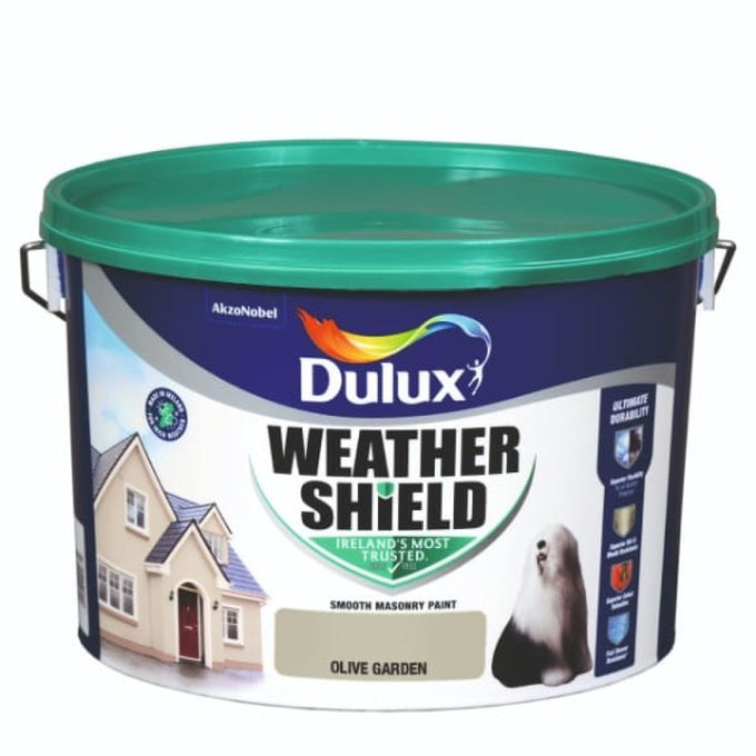 Dulux Weathershield Olive Garden 10L exterior masonry paint, durable, waterproof, fade-resistant, matt finish – Keans