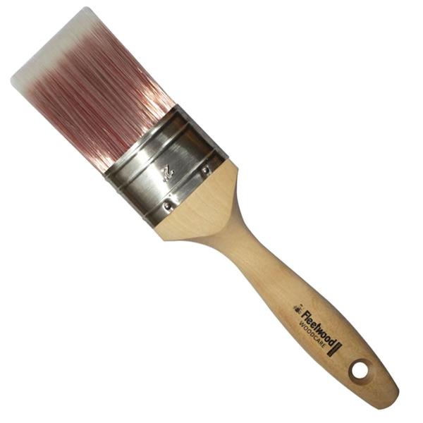 Fleetwood 2.5" Woodcare Brush with white china bristles, stainless steel ferrule, beavertail handle for wood stains and