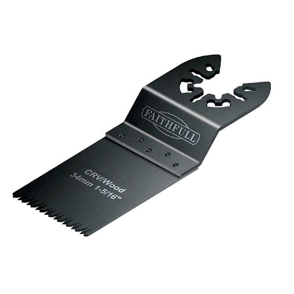 Faithfull 34mm CrV multi-function tool blade with ground side set teeth for flush cuts, available at Kean’s Claremorris. –