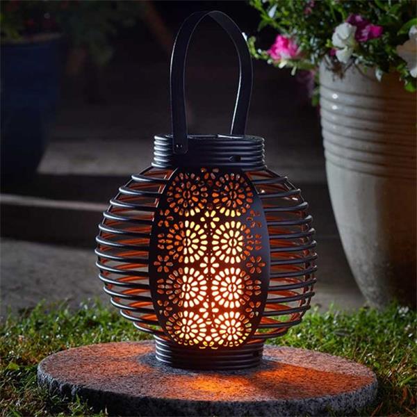 Ferrara Solar Lantern with realistic flickering flame, solar-powered, daylight sensor, black cut-out design, 20x20 cm –