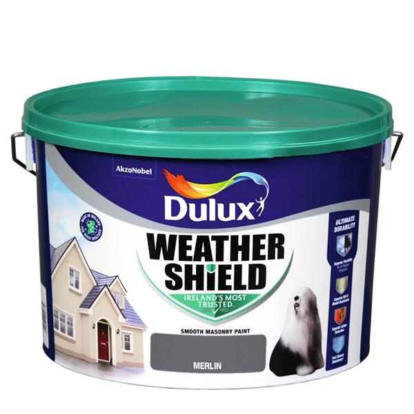 Dulux Weathershield Masonry Paint 10L Merlin, opaque exterior paint, anti-mould, water-based, quick-dry, Keans Claremorris