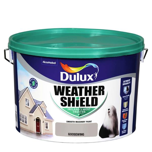 Dulux Weathershield Masonry Paint 10L Goosewing, exterior opaque finish, anti-mould, anti-fade, Keans Claremorris