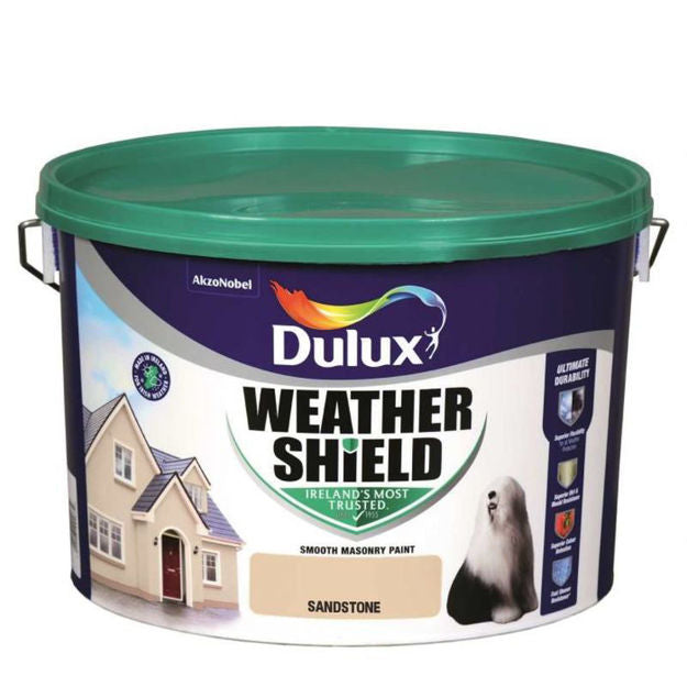 Dulux Weathershield Sandstone Masonry Paint 10L, exterior, opaque finish, anti-mould, long-lasting color – Keans Claremorris