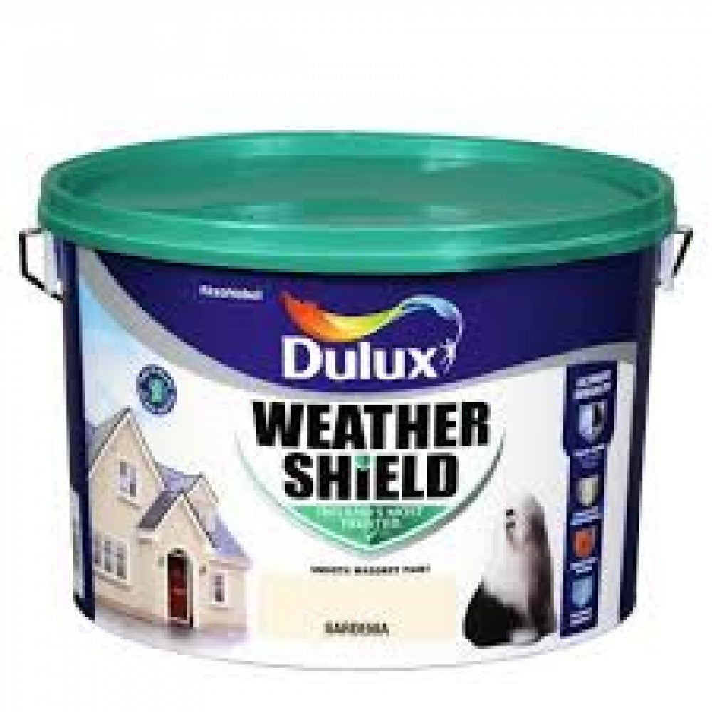 Dulux Weathershield Gardenia Masonry Paint 10L, exterior, opaque, anti-mould, water-based, 16sqm/L - Keans Claremorris
