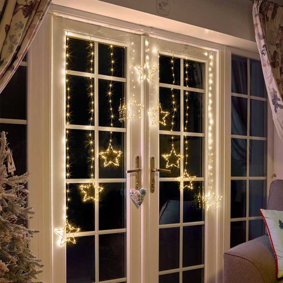 Star Curtain Lights 1.2m x 1.2m warm white LEDs, indoor/outdoor, mains powered with IP20 transformer – Keans Claremorris