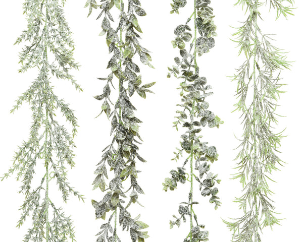 Snowy plastic garland 180cm with 4 assorted leaf shapes, snow-dusted finish, flexible holiday décor - Keans Claremorris