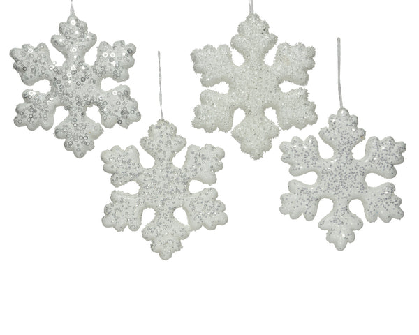 Snowflake foam ornaments set of 4 with small sequin, tinsel, big sequin, glitter, white, 21cm, with hanger - Keans