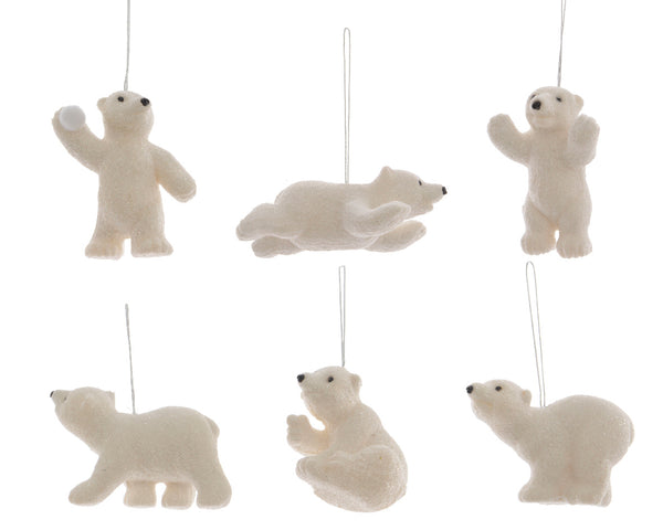 White glitter polar bear Christmas ornament, 6cm, assorted poses, hanging with organza ribbon – Keans Claremorris