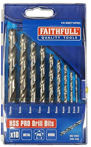 Faithfull HSS Drill Bit Set 1-10mm, 10-piece M2 steel, DIN 338, durable, with plastic case – available at Kean’s Claremorris