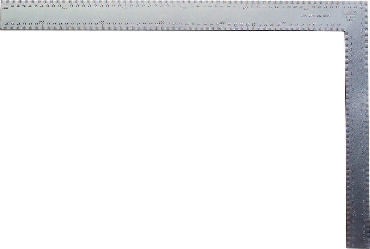 Carpenters Square 24in/600mm tempered steel roofing square with rafter tables, dual metric and imperial scales – Keans