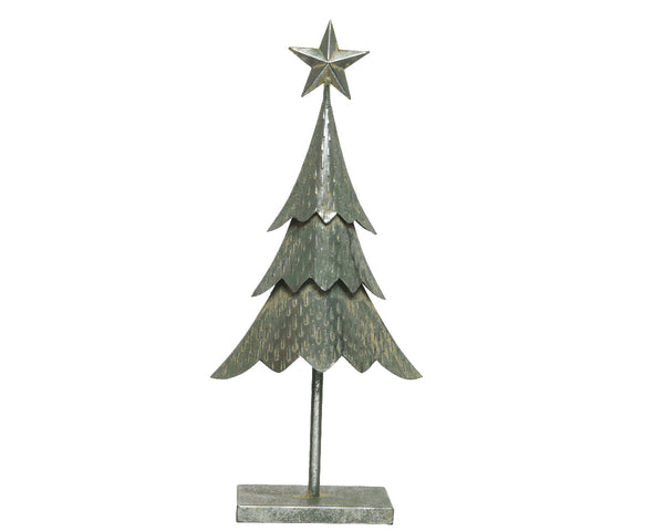 Metal tree figure in moss green polish, 58cm tall, silver finish – decorative sculpture by Keans Claremorris