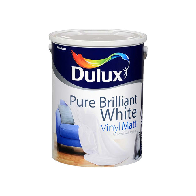 Dulux Vinyl Matt White 5LTR paint, high opacity, water-based, smooth finish, interior use – available at Keans Claremorris.
