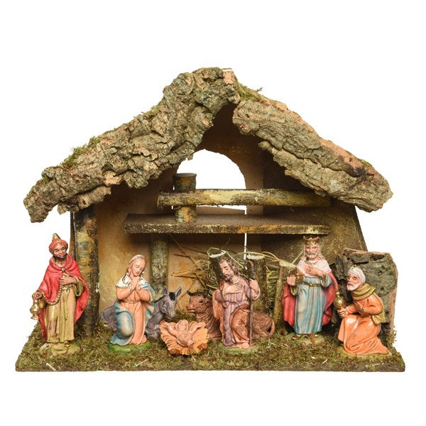 Nativity Crib house natural with 8 poly figures 12cm