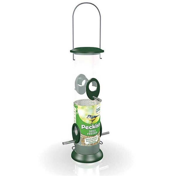 Peckish All Weather Large Seed Feeder with metal ports, polycarbonate tubes, easy-fill design – available at Keans