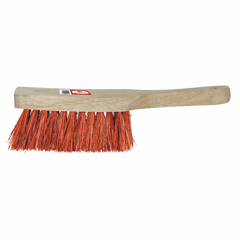 Red Coco Fibre Brush with soft natural bristles and timber handle, ideal for small areas – Keans Claremorris.