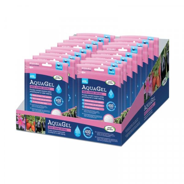 AquaGel 400g water-retaining gel for pots, baskets, and containers, reduces watering needs – Keans Claremorris.