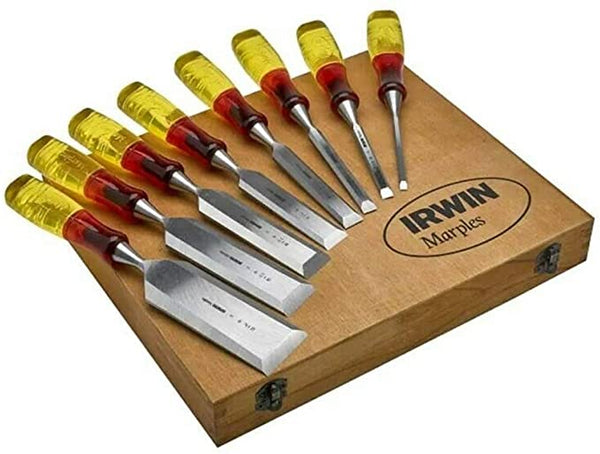 Irwin Marples 8-piece split proof chisel set, sizes 6-50mm, wooden box, premium quality – Keans Claremorris