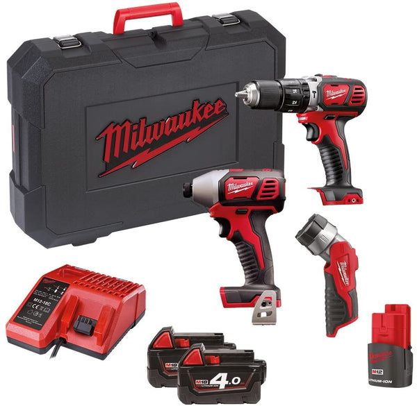 Milwaukee M18 BPP2H Twin Pack: 2x18V 4.0Ah drills, 1x12V torch, charger, batteries – heavy-duty power tools at Keans