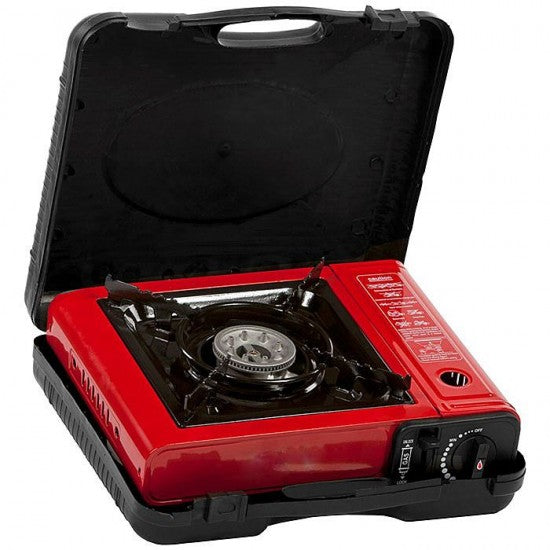 Portable gas stove with carry case, 2.5kW heat, runs 1.5 hrs on 227g gas canister - Keans Claremorris