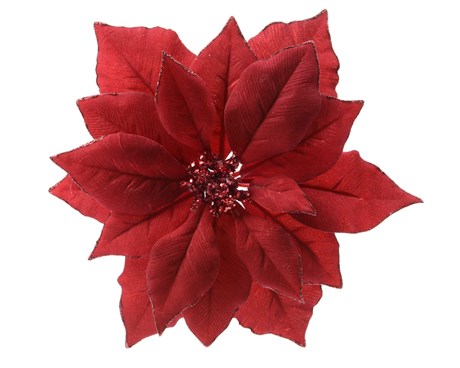 Red poinsettia clip with glittered edges, realistic polyester flower, 24cm, perfect for festive décor – Keans Claremorris