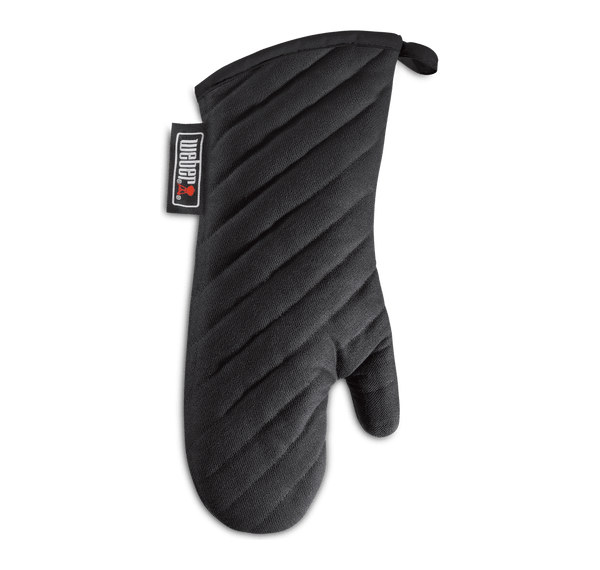 Weber BBQ Mitt in black cotton, heat-resistant with forearm protection, machine washable, available at Kean’s Claremorris. –