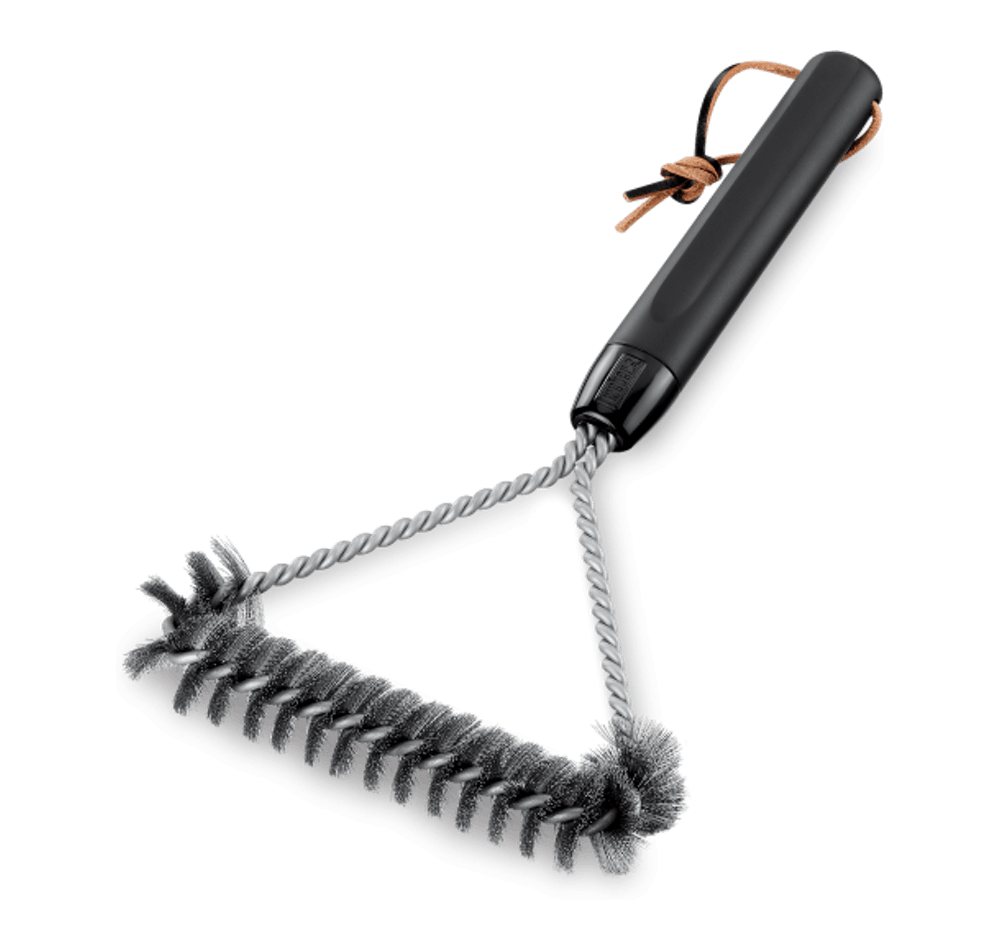 Weber 3-sided stainless steel grill brush 30cm with ergonomic handle, heavy-duty BBQ cleaner – available at Kean’s