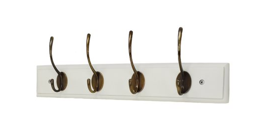 White Prof Board with 4 Satin Brass Vic Hooks, 460x80x17mm – Durable and Stylish | Keans Claremorris
