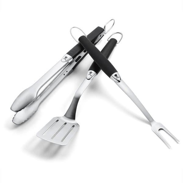 Weber Premium 3-piece stainless steel BBQ tool set with spatula, locking tongs, meat fork, soft-touch grips – Kean’s