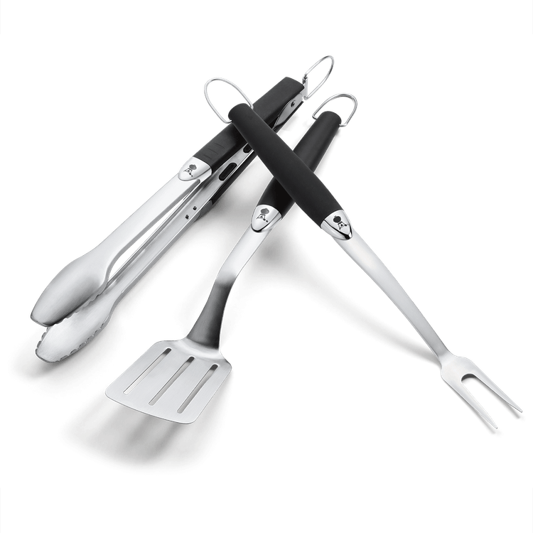 Weber Premium 3-piece stainless steel BBQ tool set with spatula, locking tongs, meat fork, soft-touch grips – Kean’s