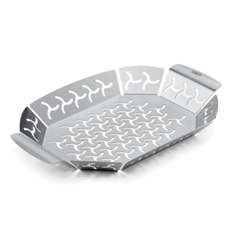 Small premium stainless steel grilling basket with angled handles, dishwasher-safe, ideal for veggies and seafood – Kean’s