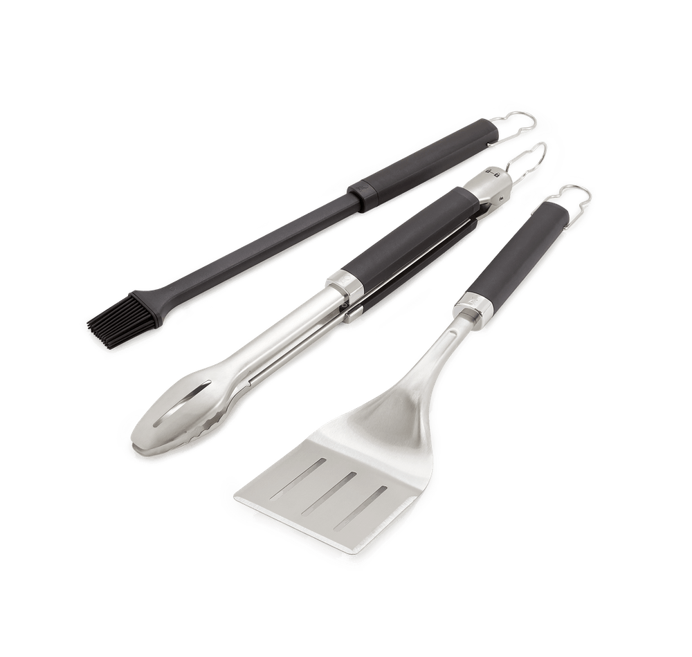 Weber Precision 3-Piece Grill Tool Set with spatula, locking tongs, silicone brush, soft-touch handles – available at Kean’s