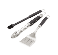 Weber Precision 3-Piece Grill Tool Set with spatula, locking tongs, silicone brush, soft-touch handles – available at Kean’s