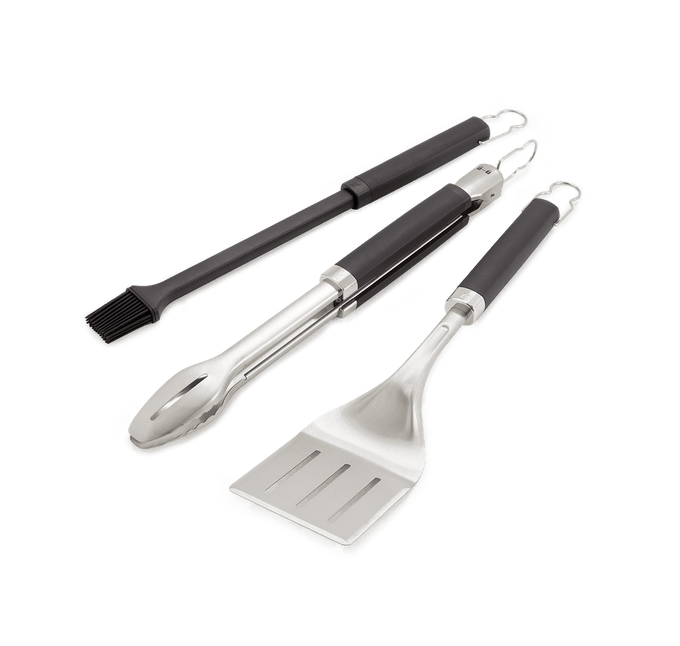 Weber Precision 3-Piece Grill Tool Set with spatula, locking tongs, silicone brush, soft-touch handles – available at Kean’s