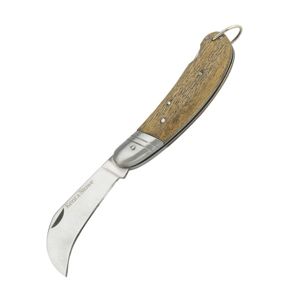 K&S Pruning Knife with sharp curved stainless steel blade, ergonomic hardwood handle, folding design, ideal for precise