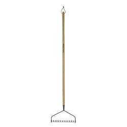 K&S Carbon Steel Soil Rake with ash wood handle, ideal for tight spaces and gardeners with limited mobility – Keans